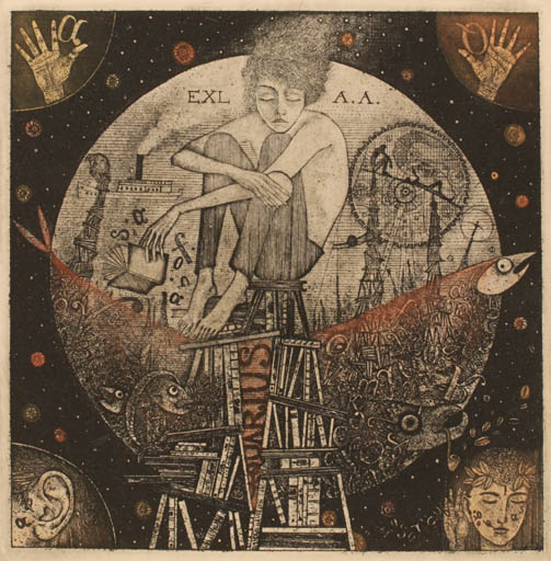 Exlibris by Julia Fomina from Russia for ? A.A. - Book Cosmos Woman Ship/Boat Text/Writing 