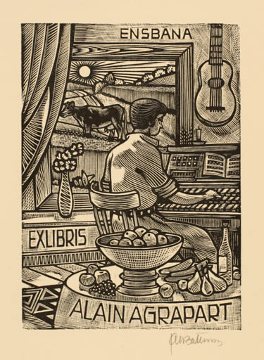 Exlibris by Jan Battermann from Netherland for Alain Agrapart - Interior Fruit Scenery/Landscape Man Music 