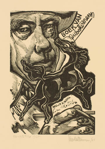 Exlibris by Jan Battermann from Netherland for Aube Mermann - Horse Man Portrait 