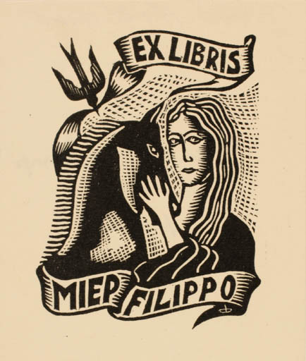 Exlibris by Dries Boskamp from Netherland for Miep Filippo - Fauna Horse Woman 
