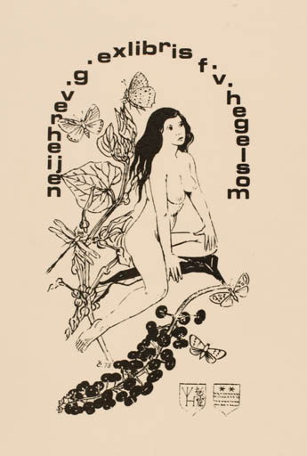 Exlibris by Bert Coppen from Netherland for F. V. Hegeisom - Woman Nude Butterfly Wine 