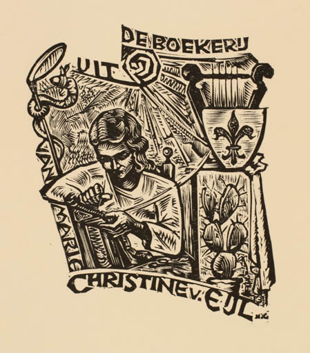 Exlibris by Harry Corvers from Netherland for Chistine v. Eijl - Book Woman Medicine Music 