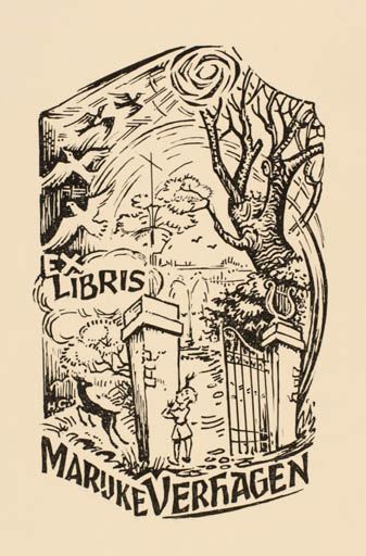 Exlibris by Harry Corvers from Netherland for Marijke Verhagen - Child Fauna Bird Scenery/Landscape Tree 