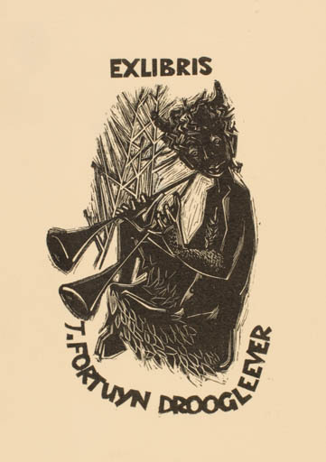 Exlibris by Robert Cox from Netherland for J. Fortuyn Droogleever - Fable Animal Music Mythology Pan/Faun 