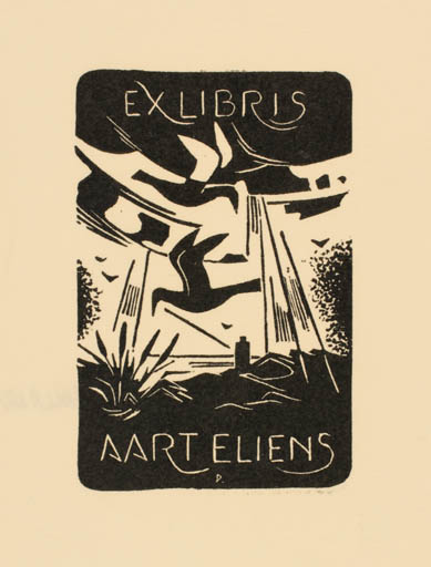 Exlibris by Jan Arien Deodatus from Netherland for Aart Eliens - Abstract Bird Scenery/Landscape 