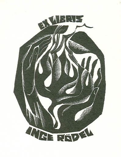 Exlibris by Anna Grmelova from Czechoslovakia for Inge Rödel - Hand(s) 