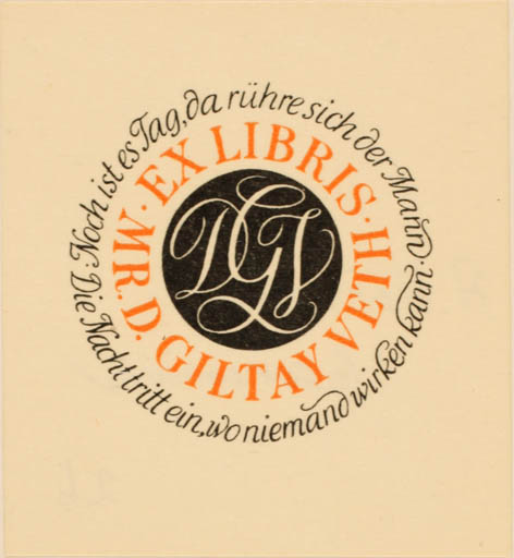 Exlibris by Alice Horodisch-Garman from Netherland for Mr. D. Giltay Veth - Monogram Text/Writing 