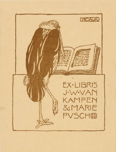 Exlibris by H. C. A. v. Kampen from Netherland for J. W. van+Pusch, Marie Kampen - Book Bird 