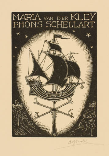 Exlibris by A. I. J. Schellart from Netherland for Maria van der+Schellart, Phons Kley - Maritime Ship/Boat 