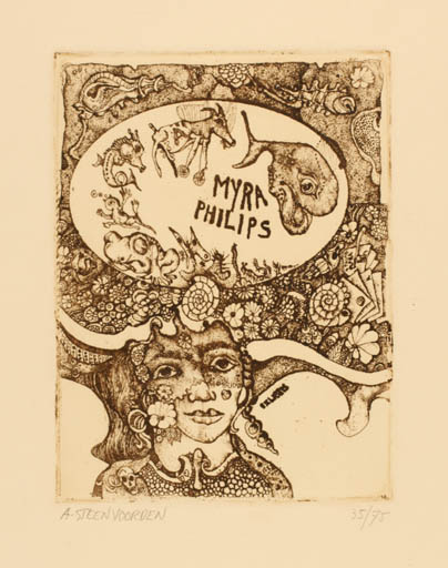 Exlibris by Ab. Steenvoorden from Netherland for Myra Rhebergen - Fauna Flora Surrealism 