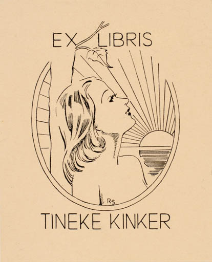 Exlibris by Rie Stoffers from Netherland for Tineke Kinker - Woman Portrait Sun 