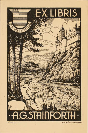 Exlibris by C. Andrè Vlaanderen from Netherland for A. G. Stainforth - Mountain Castle/Palace Fauna Scenery/Landscape Horseman/Rider 