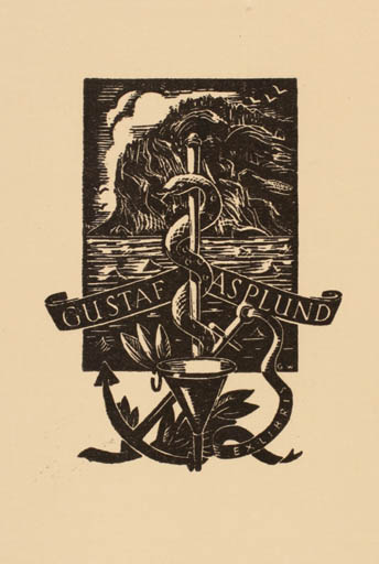 Exlibris by George Wildschut from Netherland for Gustaf Asplund - Mountain Scenery/Landscape Medicine Maritime 