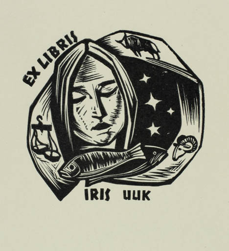 Exlibris by Henno Arrak from Estonia for Iris Uuk - Fish Cosmos Woman Portrait 