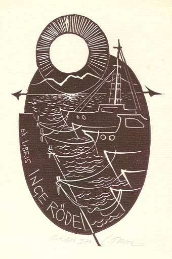 Exlibris by Ladislav Rusek from Czechoslovakia for Inge Rödel - Maritime Ship/Boat Sun 