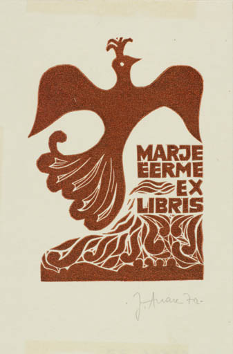 Exlibris by Jüri Arrak from Estonia for Marje Eerme - Bird Phoenix Mythology 