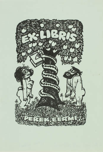 Exlibris by Hugo Hiibus from Estonia for Perek Eerme - Adam and Eve Book Fauna Religion Tree 