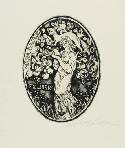 Exlibris by Anita Jansone-Zipnite from Estonia for Mara Gaune - Fauna Flora Fruit Woman 