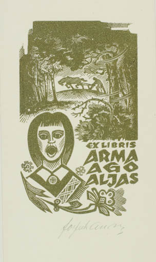 Exlibris by Johannes Juhansoo from Estonia for Arma Ago Aljas - Working Horse Scenery/Landscape Forest 