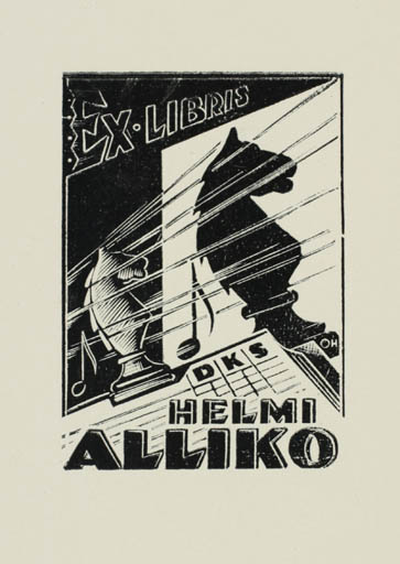 Exlibris by Johannes Juhansoo from Estonia for Helmi Alliko - Music Sport/game 