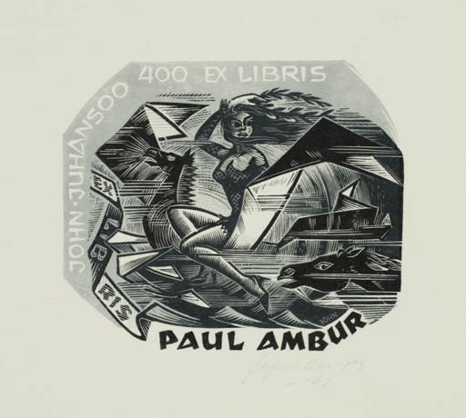 Exlibris by Johannes Juhansoo from Estonia for Paul Ambur - Woman Pegasus 