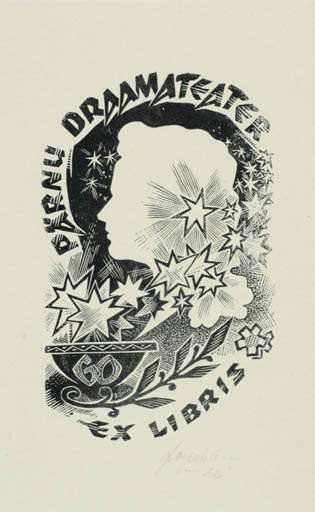 Exlibris by Johannes Juhansoo from Estonia for Pärnu Draamateater - Cosmos Woman Portrait 