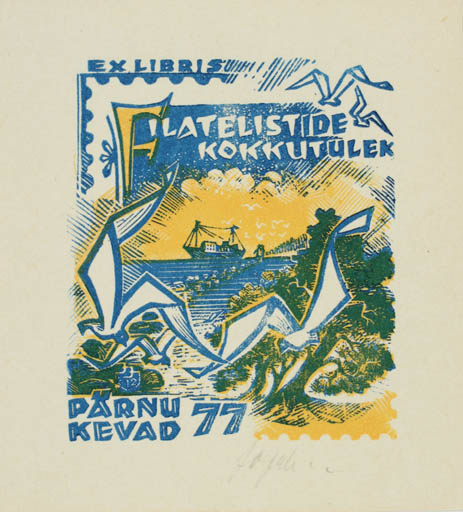 Exlibris by Johannes Juhansoo from Estonia for ? Filatelistide Kokkutulek - Bird Hobby Scenery/Landscape Maritime 