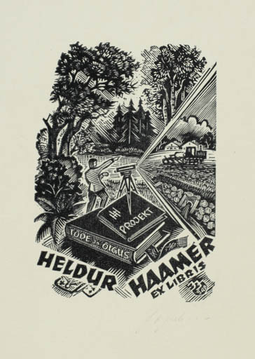 Exlibris by Johannes Juhansoo from Estonia for Heldur Haamer - Working Book Scenery/Landscape Technology 