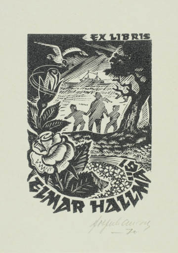 Exlibris by Johannes Juhansoo from Estonia for Elmar Hallmägi - Flora Scenery/Landscape Maritime 