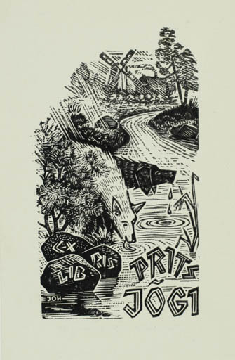 Exlibris by Johannes Juhansoo from Estonia for Ftrits Jogi - Fauna Flora Dog Scenery/Landscape Mill 