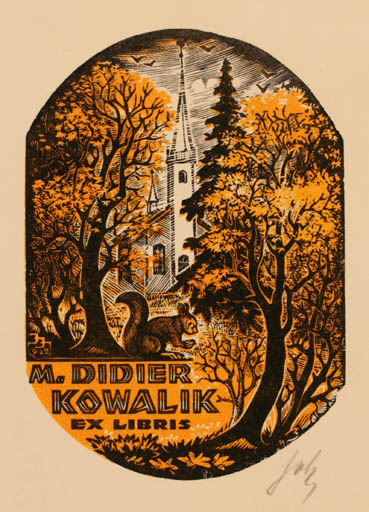 Exlibris by Johannes Juhansoo from Estonia for M. Didier Kowalik - Fauna Church Tree 