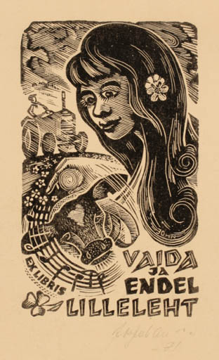 Exlibris by Johannes Juhansoo from Estonia for Vaida ja Endel Lilleleht - Working Fauna Woman Portrait 