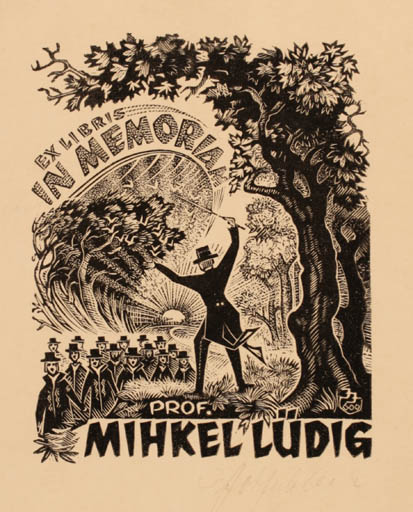 Exlibris by Johannes Juhansoo from Estonia for Mihkel Lüdig - Group Scenery/Landscape Music Forest Sun 