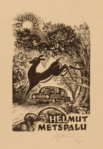 Exlibris by Johannes Juhansoo from Estonia for Helmut Metspalu - Car Fauna Scenery/Landscape 