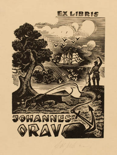 Exlibris by Johannes Juhansoo from Estonia for Johannes Orav - Dog Scenery/Landscape Maritime 