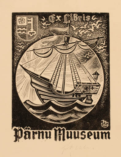 Exlibris by Johannes Juhansoo from Estonia for ? Pärnu Museum - Maritime Ship/Boat 