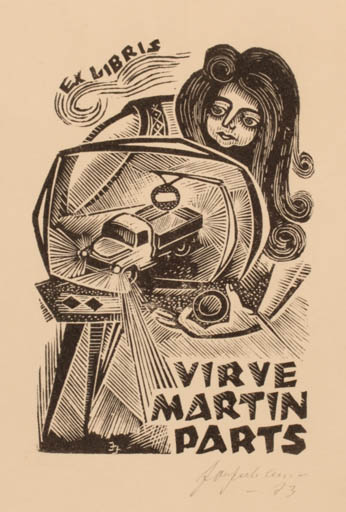 Exlibris by Johannes Juhansoo from Estonia for Virve Martin Parts - Car Woman Technology 