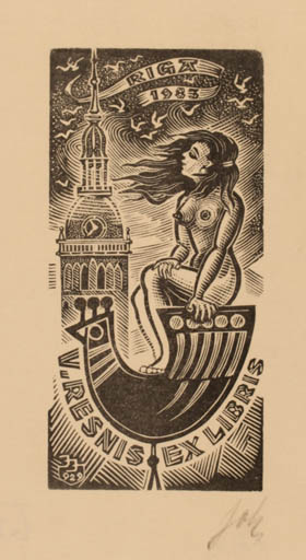 Exlibris by Johannes Juhansoo from Estonia for V. Resnis - Architecture Bird Woman Nude 