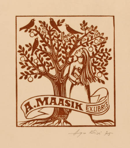 Exlibris by Ago Kivi from Estonia for A. Maasik - Fruit Bird Woman Tree 