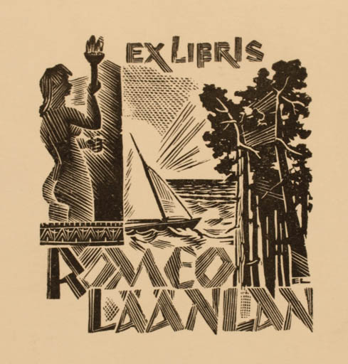 Exlibris by Esko Lepp from Estonia for Romeo Läänlan - Woman Scenery/Landscape Ship/Boat 