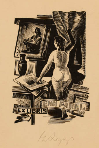 Exlibris by Esko Lepp from Estonia for Enn Parel - Interior Art Woman Nude 