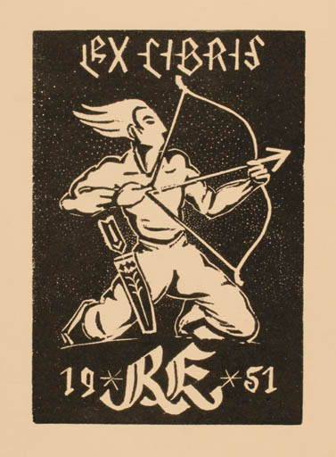 Exlibris by Lia Mikker from Estonia for ? R. E. - Man Weapon 