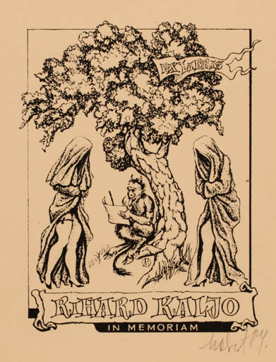 Exlibris by Maret Olivet from Estonia for Richard Kaljo - Devil Woman Tree 