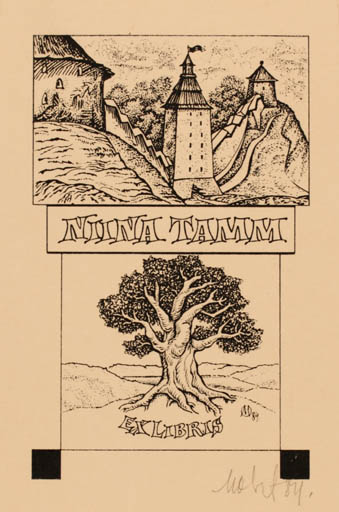 Exlibris by Maret Olivet from Estonia for Niina Tamm - Castle/Palace Flora Tree 