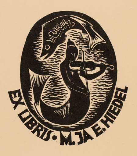 Exlibris by Tonu Pihlau from Estonia for M. ja E. Hiedel - Fish Mermaid Music 