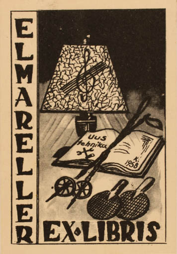 Exlibris by Keidula Silore from Estonia for Elmar Reller - Book Music Sport/game 