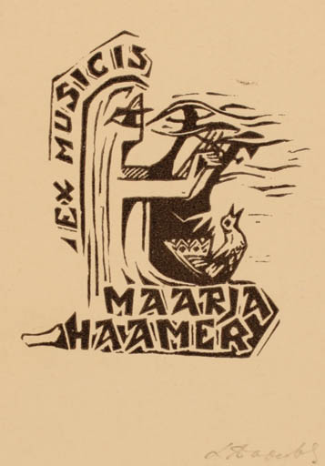 Exlibris by Leida Soom from Estonia for Maarja Haamer - Bird Music 