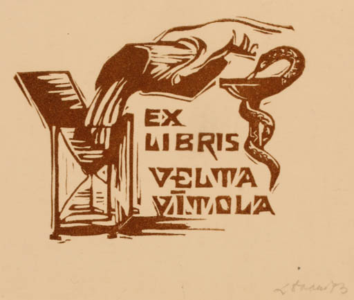 Exlibris by Leida Soom from Estonia for Dr. Velta Vitola - Medicine 