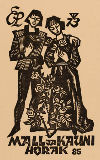 Exlibris by Väino Tönisson from Estonia for Mall ja Kauni Horak - Couple 