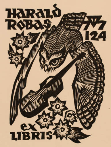 Exlibris by Väino Tönisson from Estonia for Harald Robas - Music Owl 